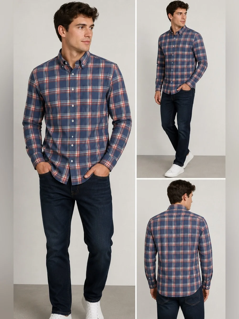 J.Crew Men’s Large Flex Washed Slim Fit Blue Red Plaid Button-Down Shirt